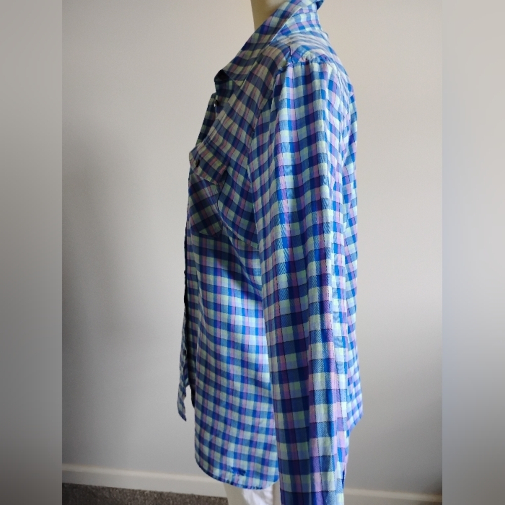 Talbots 100% Cotton Plaid Button Up Shirt Blue Purple Colorful Classic Sz Large - Picture 6 of 15